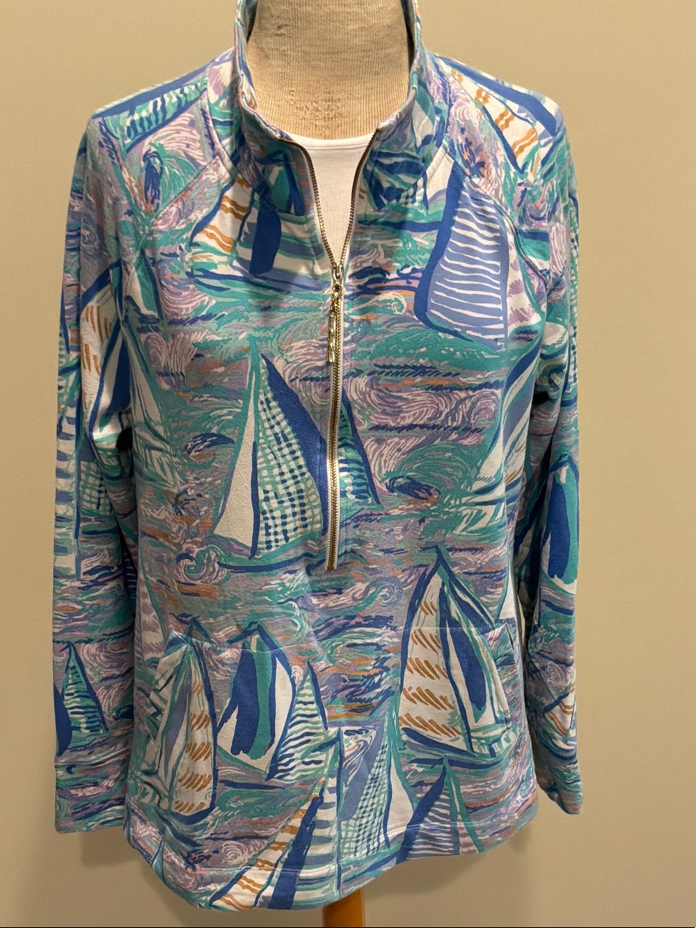 Lilly Pulitzer Pullover with Teal, Blue & Lilac Sailboat Motif